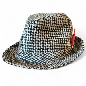 Vintage Black & White Houndstooth Tweed Hat Red Feather Univ. Alabama Game Day